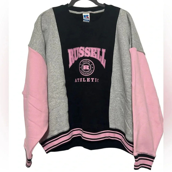 Russell Athletic Women's Graphic Logo Pink/Black Color Block Sweatshirt Sz L - Picture 3 of 6